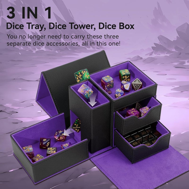 Stepane Leather Dice Tray & Tower Storage Box, 3 in 1 Dice Holder Case (Rolling Tray, Tower, Storage Drawers), Magnetic Closure DND Accessories Gifts for RPG MTG, Black/Violet - Image 2